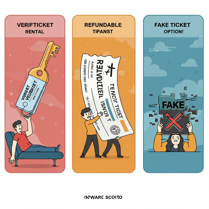 Comparing Your Onward Ticket Options Cartoon comparison of onward ticket options: a happy traveler with an affordable VerifTicket key, a stressed traveler struggling to hold a giant expensive ticket, and a worried traveler looking at a glitching, disintegrating 'Fake Ticket' with a large red X over it.