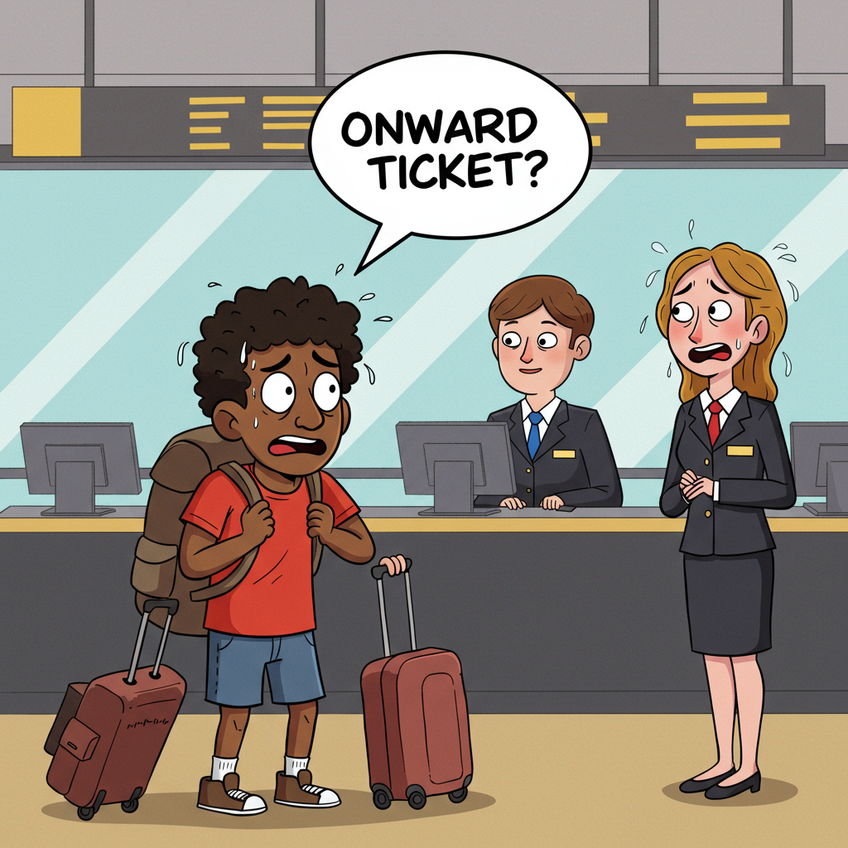 The Dreaded Onward Ticket Question A cartoon backpacker sweating nervously at an airport check-in counter as the agent asks for an onward ticket.