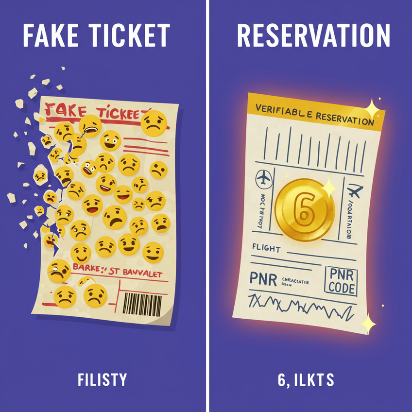 Fake Ticket vs Verifiable Reservation Explained A split-screen illustration showing a fake ticket dissolving versus a verifiable reservation with a solid, glowing PNR code.