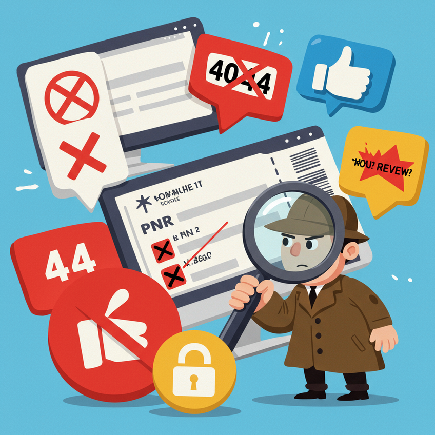 How to Spot the Red Flags of a Ticket Scam A cartoon detective inspecting a suspicious flight ticket for red flags like a missing PNR and bad reviews.