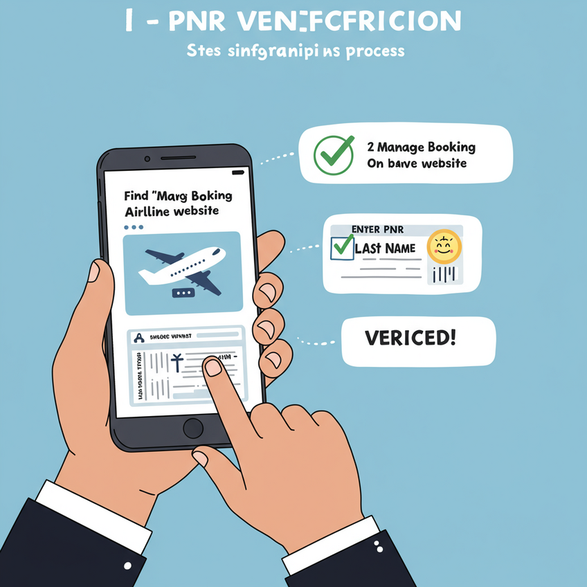 Verify Your PNR in a Few Taps Infographic showing a hand holding a phone and verifying a PNR on an airline website, resulting in a green checkmark.