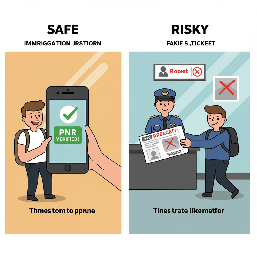 Verifiable PNR vs Fake Ticket A split-panel cartoon showing a happy traveler with a verifiable PNR being approved, contrasted with a risky attempt to use a fake ticket being rejected.