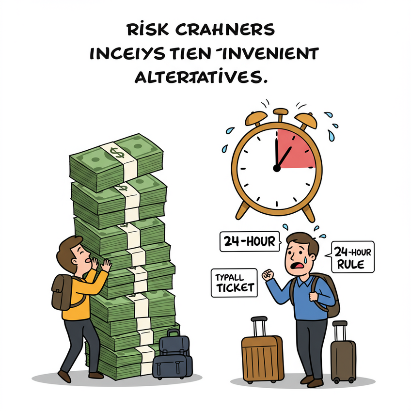 Risky Alternatives to Onward Ticket Rentals A cartoon highlighting the risks of alternatives, showing one person struggling with a large stack of cash for a refundable ticket and another anxiously watching a 24-hour clock.