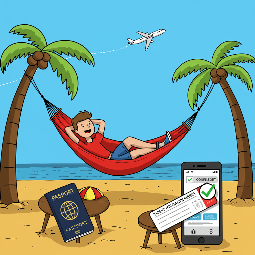 Travel Prepared with Peace of Mind A cartoon of a relaxed traveler in a hammock on a beach, with their passport and a verified ticket on their phone, symbolizing peace of mind.