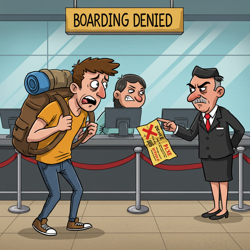 The High Stakes of a Fake Onward Ticket A cartoon illustration showing a worried traveler being denied boarding at an airport check-in counter because of a fake onward ticket. The airline agent points to a red 'X' over the ticket, highlighting the risks of using forged documents.