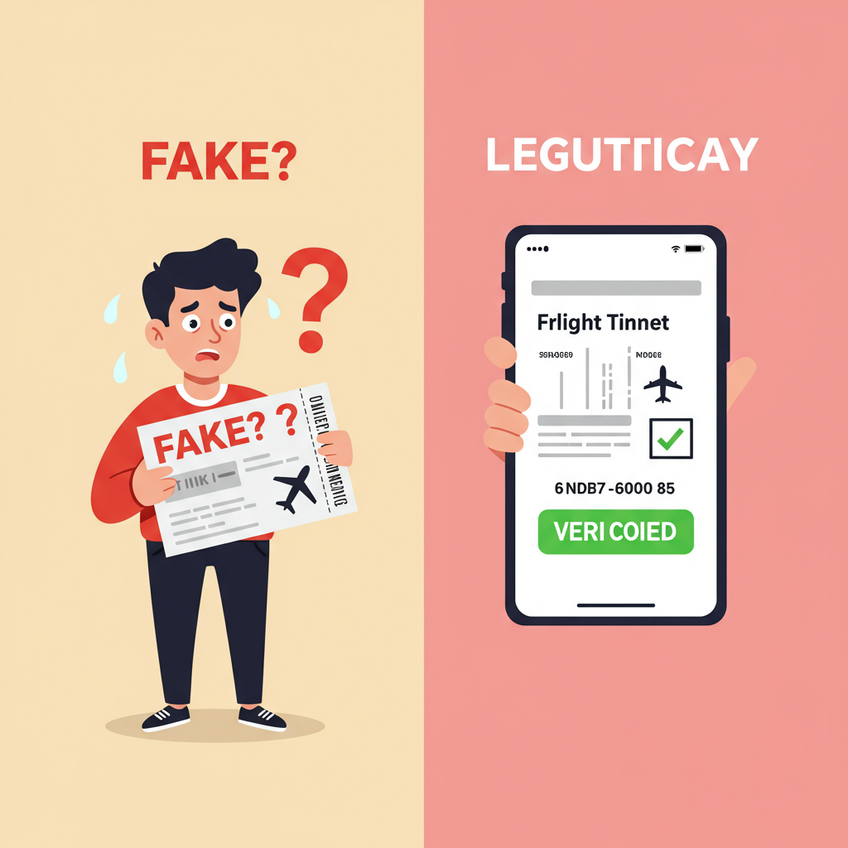 Fake Ticket vs Verifiable PNR Reservation A split-screen cartoon comparing a fake ticket to a verifiable PNR reservation. On the left, a stressed traveler holds a fake ticket. On the right, a confident traveler shows a smartphone with a verified PNR, illustrating the security of a legitimate booking.