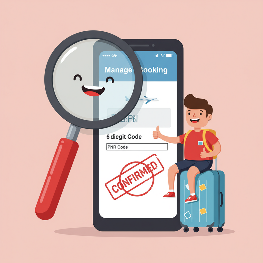 Easily Verify Your Onward Ticket PNR A cartoon traveler happily verifying their onward ticket PNR on a smartphone. A magnifying glass highlights the 'Manage My Booking' section on the airline's website with a 'CONFIRMED' stamp, showing how easy it is to check a legitimate reservation.