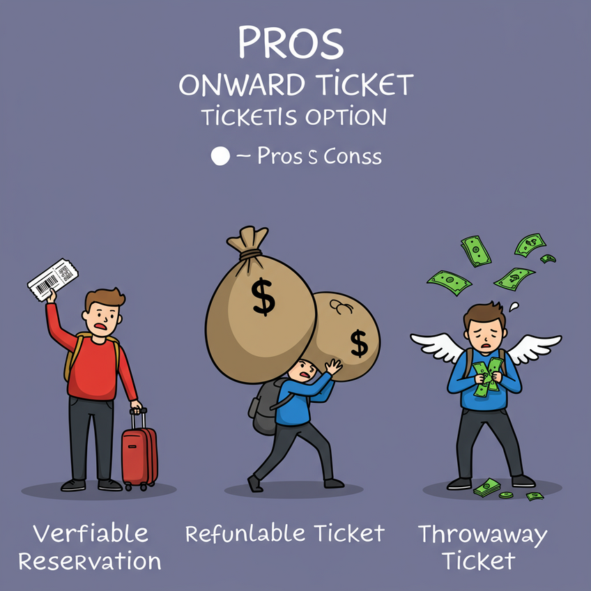 Comparing Onward Travel Ticket Options A cartoon comparing onward travel options: a relaxed traveler with a verifiable reservation, one struggling with a bag of money for a refundable ticket, and one sadly watching their money fly away for a throwaway ticket. This visually explains the pros and cons.