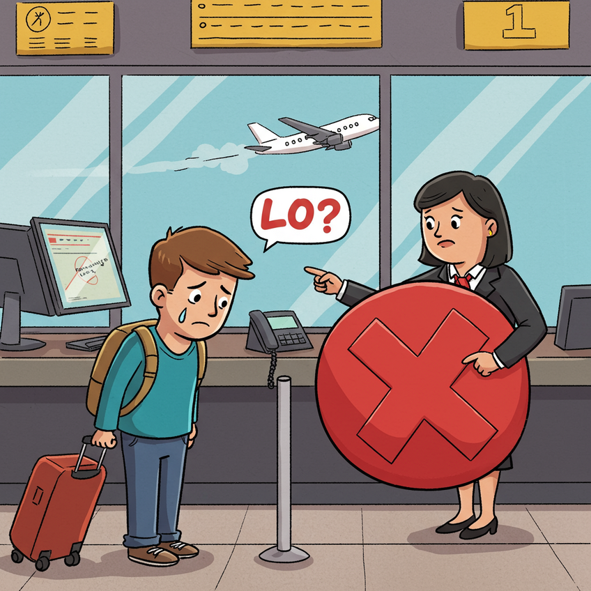 The Stress of Being Denied Boarding for Onward Travel Cartoon of a traveler being denied boarding at an airport, illustrating the risk of not having proof of onward travel.