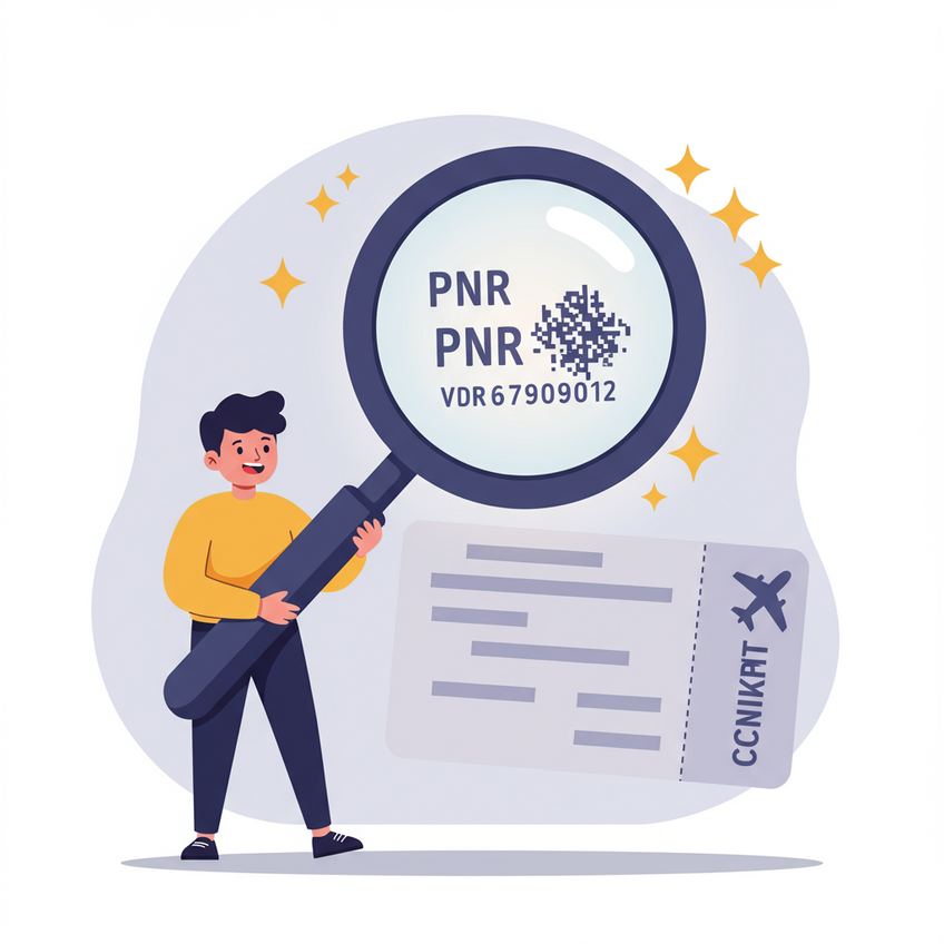 How to Verify Your Onward Ticket with a PNR Cartoon character verifying a flight ticket's PNR with a magnifying glass, ensuring its legitimacy.