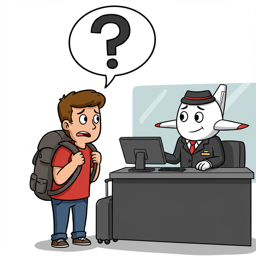 Why Airlines Ask for Proof of Onward Travel Illustration of a nervous traveler at a check-in counter being asked for proof of onward travel by a friendly airplane character, symbolizing the mandatory requirement.