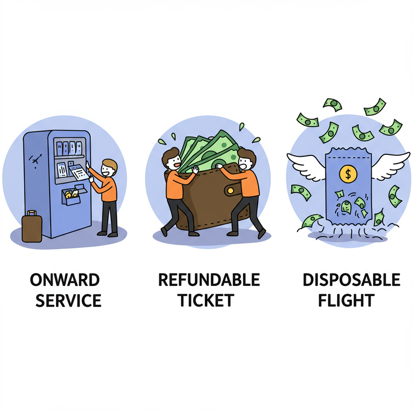 Comparing Your Three Main Onward Ticket Options Triptych cartoon comparing onward ticket options: an easy ticket service, a costly refundable ticket, and a wasteful disposable flight.