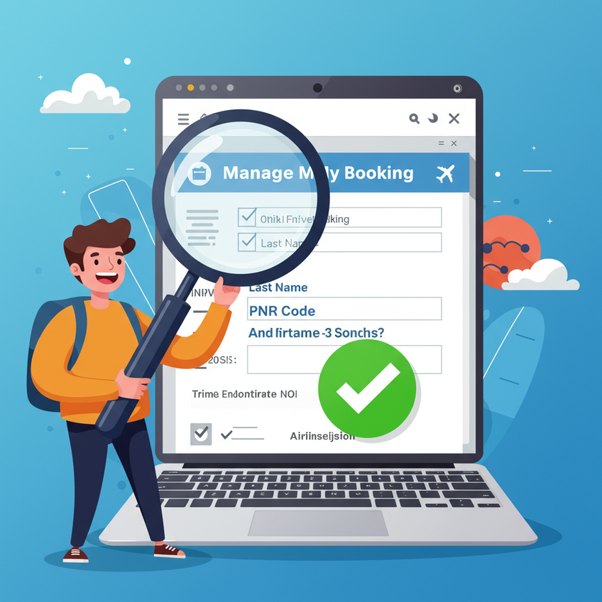 How to Verify Your Onward Ticket is Real Illustration of a traveler using a magnifying glass to check their PNR on an airline's 'Manage My Booking' page, with a green checkmark indicating successful verification.
