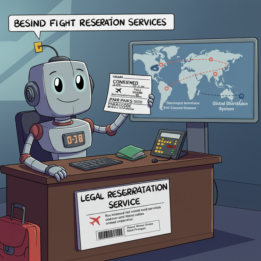 The Legal Process Behind Onward Ticket Reservations Illustration showing a legal reservation service robot creating a valid onward ticket with a PNR from a Global Distribution System, explaining the legal process.