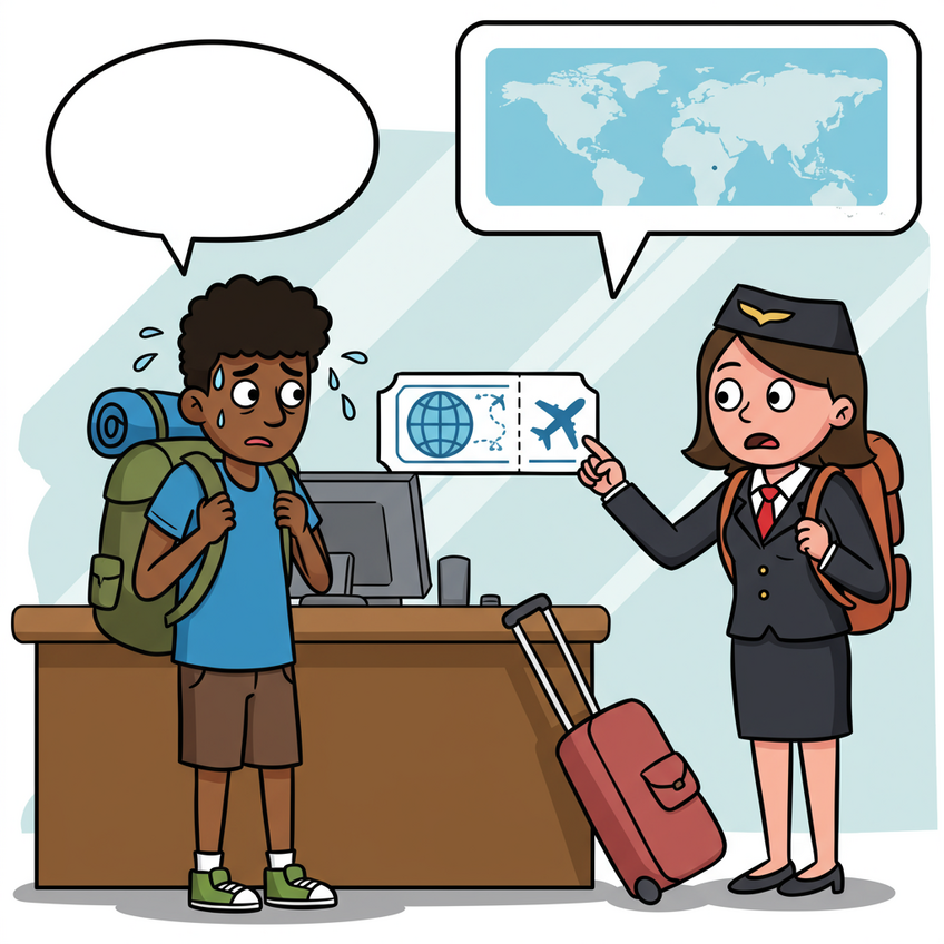Why Airlines and Countries Require Onward Travel Proof A fun and playful cartoon illustration of a traveler at an airline check-in counter. The traveler, a diverse backpacker, looks stressed with cartoonish sweat drops flying off their head as they look at an empty thought bubble. The friendly airline agent points to a large, clear icon of a plane ticket with an arrow pointing away from a globe. The overall style is cheerful and vibrant.
