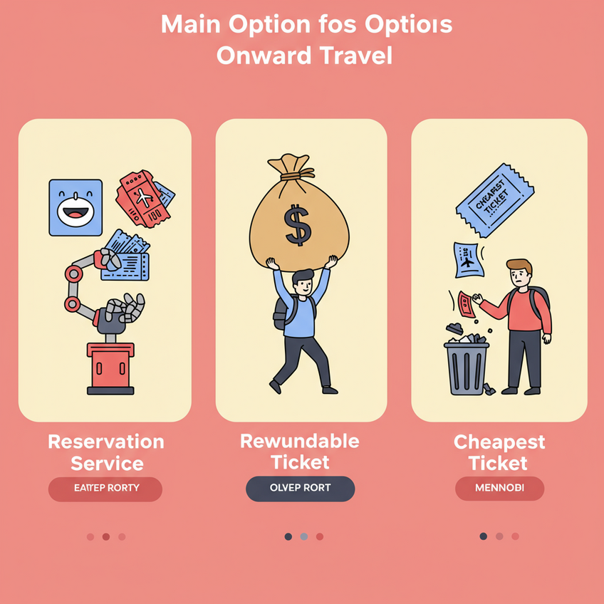 Comparing the Top 3 Onward Travel Ticket Options A fun and playful triptych (three-panel) illustration comparing the three main options for onward travel. Panel 1: A happy traveler quickly gets a ticket from a smiling robot arm labeled 'Reservation Service'. Panel 2: A struggling traveler is trying to lift a huge, heavy bag of money labeled 'Refundable Ticket'. Panel 3: A sad traveler watches a ticket labeled 'Cheapest Ticket' fly directly into a trash can.