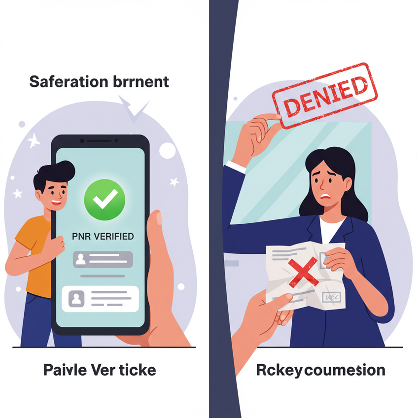 Verifiable PNR vs Fake Ticket Risk A fun and playful split-screen illustration showing the difference between a safe and a risky travel document. On the left side, a happy traveler confidently shows a phone screen with a ticket and a large, glowing green checkmark with 'PNR Verified' text to a smiling immigration officer. On the right side, a nervous traveler hands over a crumpled, fake-looking ticket with a big red 'X' on it, causing the officer to hold up a large 'DENIED' stamp.