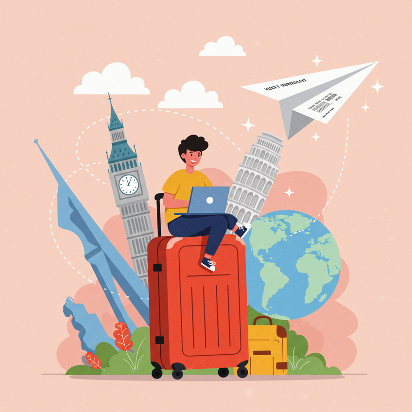 The Best Onward Travel Solution for Digital Nomads A fun and playful illustration of a digital nomad character sitting happily on top of a suitcase, working on a laptop. A paper airplane made from a verifiable ticket confirmation is flying smoothly around them, leaving a sparkling trail. The background shows iconic global landmarks in a simplified, cheerful style, emphasizing freedom and flexibility.