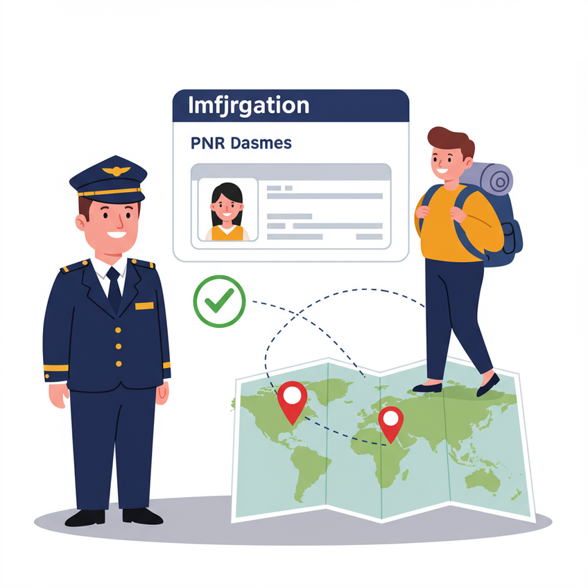 Why Immigration Officers Check Your PNR Illustration of an immigration officer checking PNR data on a screen, linked to a traveler on a world map, symbolizing the global PNR system.